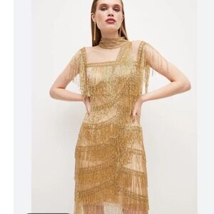 Karen Millen Gold Beaded Fringe Mini Dress Mock Neck Sheer Mesh Cocktail Sz 4